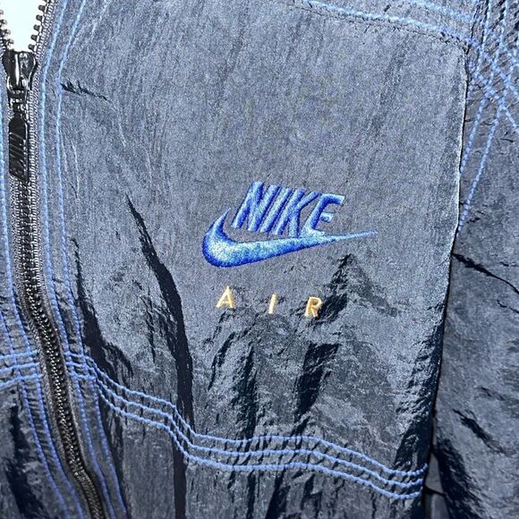 Vintage NIKE AIR retro Nylon Black Blue stripe hoodie hooded jacket-M oversize - Picture 10 of 10